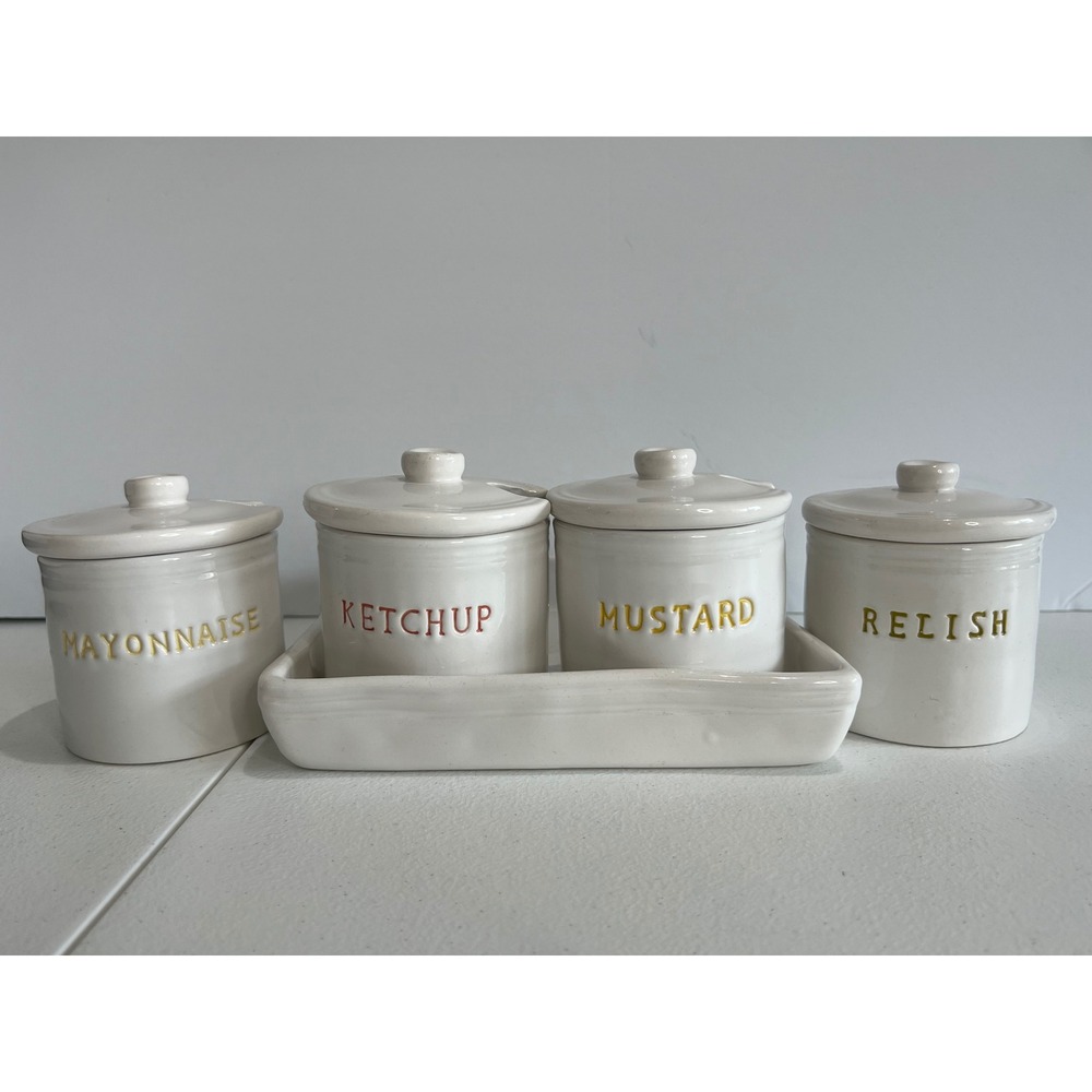 Williams-Sonoma BBQ Condiment Jar Set Ketchup Mustard Relish Mayo With Tray